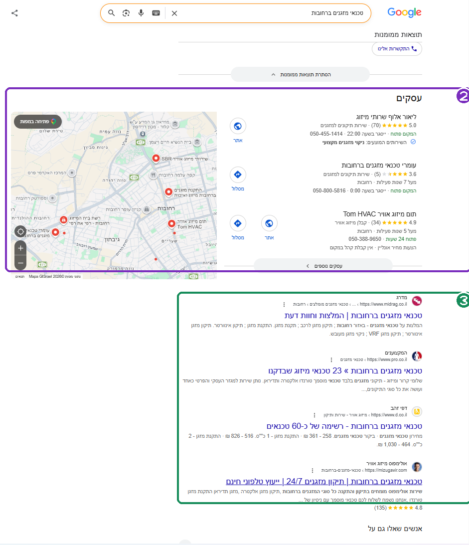 החבילה המקומית של שלושה עסקים במפה, ומתחתיה התוצאות האורגניות הרגילות בגוגל